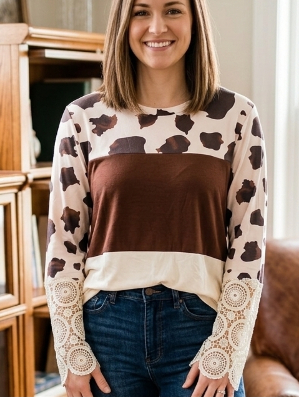 Sunshine & Rodeos Cow Print Colorblock Lace Sleeve Top - Size L